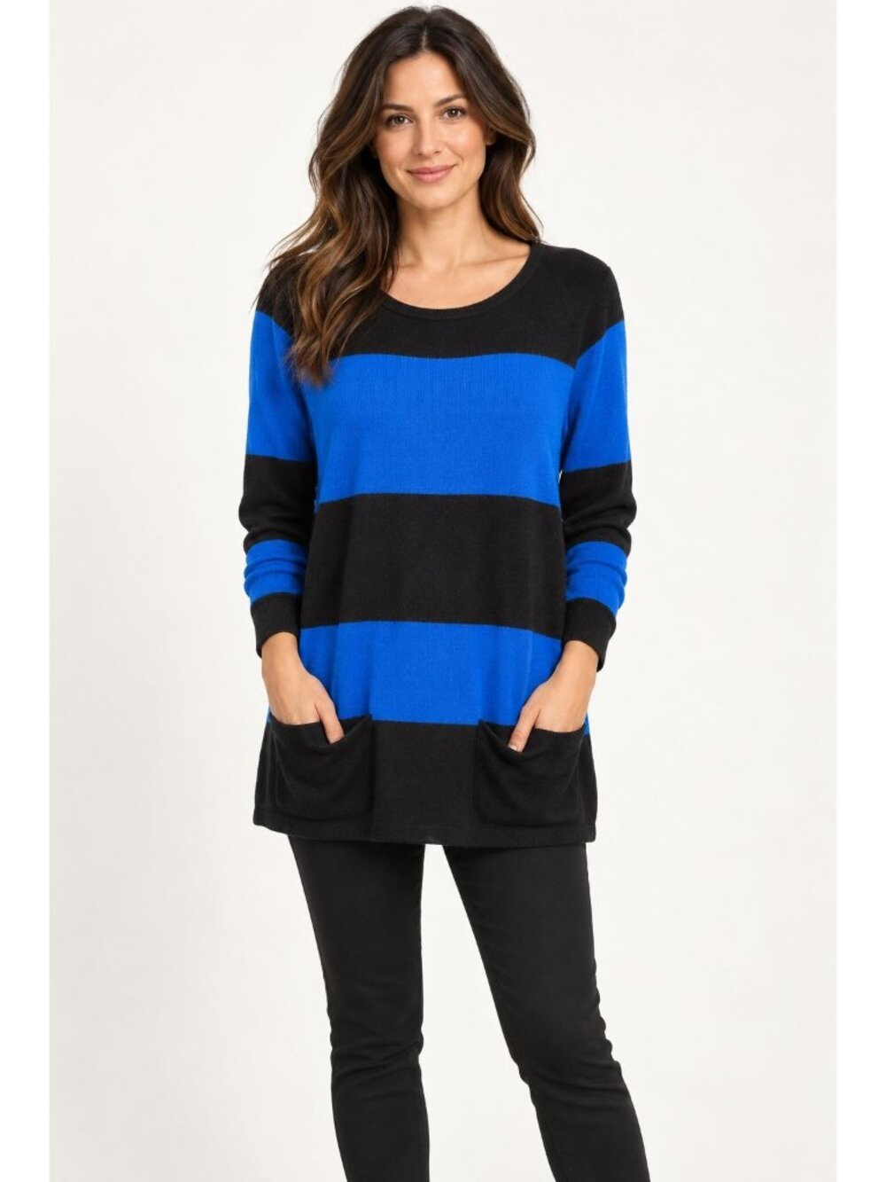 Caslon Blue & Black Wide Stripe Knit Tunic Sweater w/Pockets Small